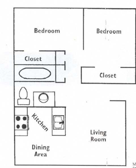 Floor plan for 2 beds, 1 bath, 840 sqft